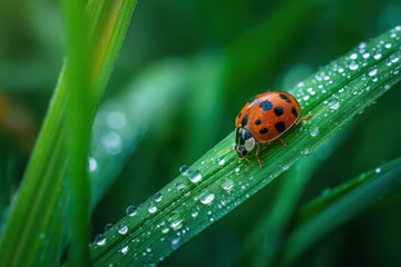 Fototapeta premium A vibrant ladybug resting on a dewy green grass blade, highlighting the elegance of nature's details, perfect for wildlife lovers and nature photography enthusiasts