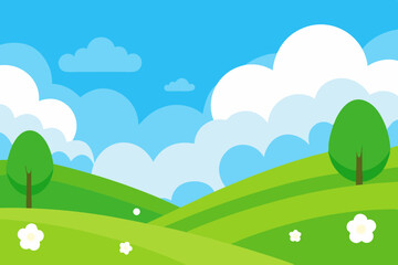 Fototapeta premium An Idyllic Summer Day In A Park With Rolling Green Hills And A Clear Blue Sky