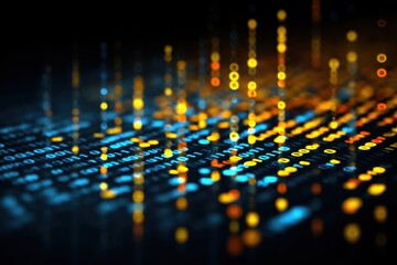 A dynamic digital blockchain network with bright yellow and blue binary patterns for tech innovators and finance enthusiasts in a modern marketplace