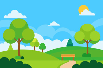 Fototapeta premium A Beautiful Cartoon Landscape Of A Green Park On A Bright And Sunny Summer Day