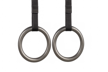 Metal gymnastic rings hanging from black straps, isolated on transparent background, ready for exercise and training