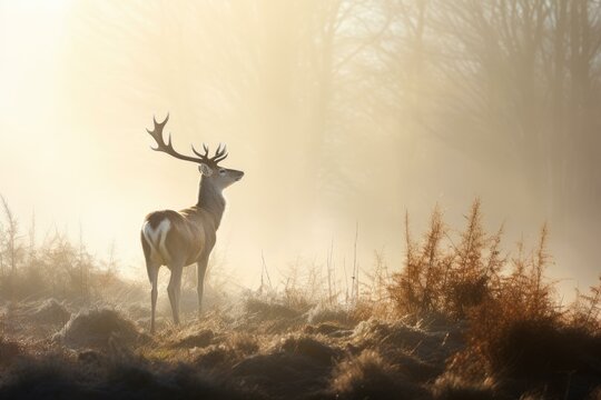 Red deer stag with large antlers standing in a misty forest at sunrise