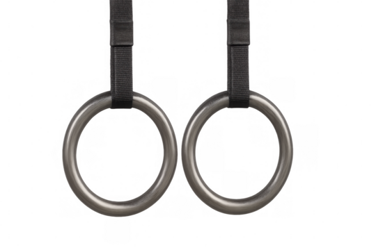 Metal gymnastic rings hanging from black straps, isolated on transparent background, ready for exercise and training