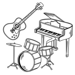 Acoustic guitar grand piano drum set cymbal musical instruments