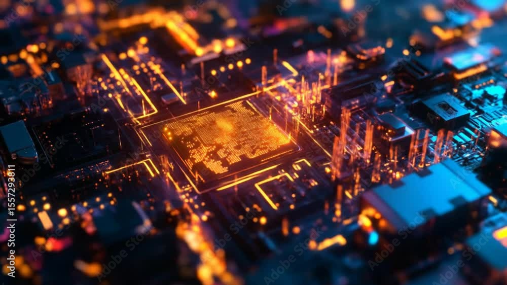 Poster circuit board illuminated with glowing data