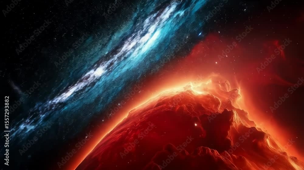 Poster dramatic nebula clouds of fiery red and orange glowing against a backdrop of space and stars creatin
