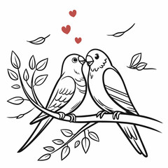 Two lovebirds perched on a branch with hearts leaves