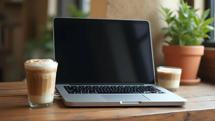Fototapeta premium Laptop and coffee on a wooden desk in a cafe setting