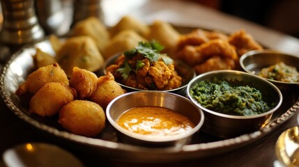 Delicious indian starters platter with samosas, pakoras and various chutneys
