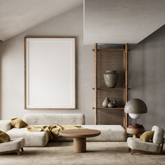 A tranquil living room blending minimalism and natural warmth. 3D illustration