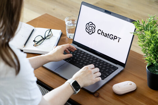 Poznan, Poland - June 15, 2025: ChatGPT application interface on a laptop screen, showing a person utilizing powerful artificial intelligence for digital work and innovation
