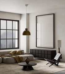 Serene living room with sculptural decor and earthy tones. 3D illustration