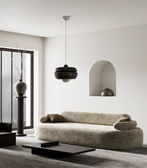 Elegant living room with sculptural decor and soft light. 3D illustration