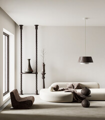 Elegant living room with minimalist japanese wabi sabi style. 3D illustration