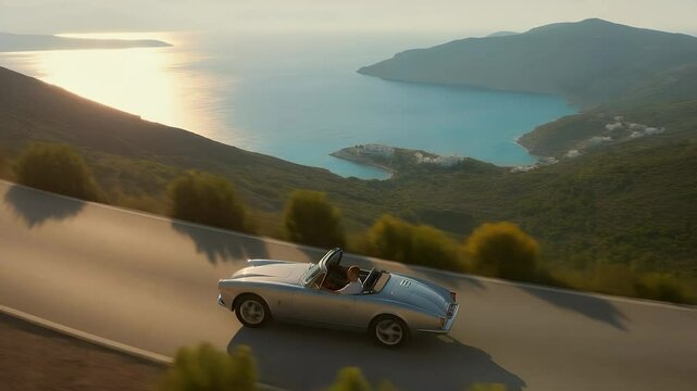 Scenic Coastal Drive: A classic convertible gracefully navigates a winding road along the coast. with turquoise water. Perfect for evoking a sense of freedom, adventure and a touch of luxury