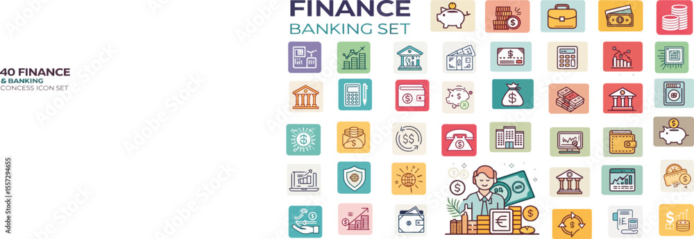 Poster collection of 42 modern finance and banking line icons for digital and print applications isolated o