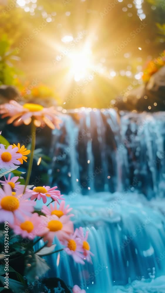 Poster sunlight streams through trees as delicate flowers surround a cascading waterfall in a tranquil sett