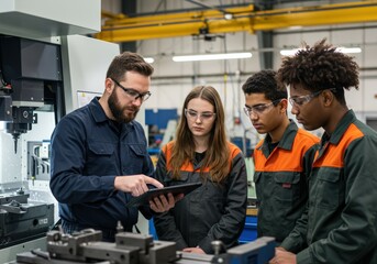 A technician explains manufacturing processes to students in a workshop setting.