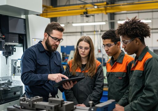 A technician explains manufacturing processes to students in a workshop setting.