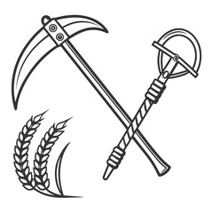Crossed sickle and scythe with wheat stalks grain agriculture