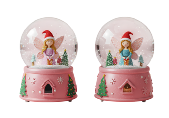 Pair of Musical Christmas Snow Globes with Fairy Figurines isolated on transparent background