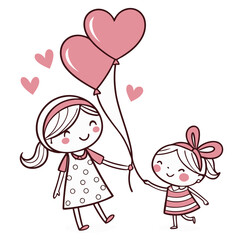 Two happy girls holding pink heart balloons sisters