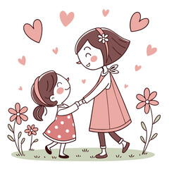 Two sisters holding hands surrounded by hearts and flowers