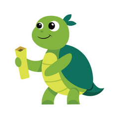 Obraz premium Green turtle mascot holding yellow scroll on white background