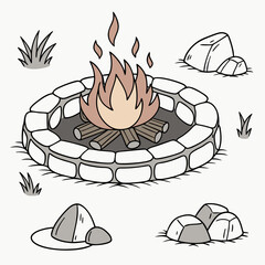 Stone fire pit with flames and grass campfire stones