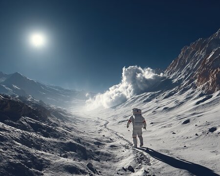 Lone astronaut walks through a snowy mountain landscape under a bright sun