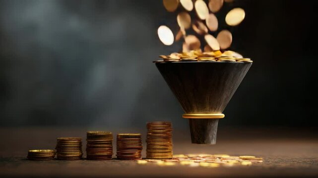 An image illustrating the financial concept of a funnel and money flow, with coins pouring into a funnel and stacks of money