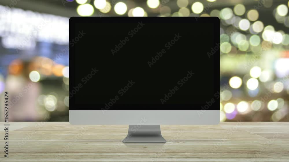 Poster email icon on desktop modern computer monitor screen on wooden table over blur light and shadow of s