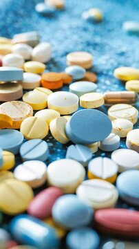 An array of multicolored pills is spread across a vibrant blue background, showcasing different shapes and sizes, highlighting their diversity.