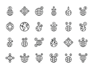 Bundle of Globe with Dollar Icon Set – Silhouette Style Global Finance, Currency Exchange, and International Money Transfer Icons on White Background for Business and Fintech Use

