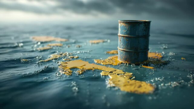 A toxic barrel floating on the polluted sea, illustrating an environmental disaster