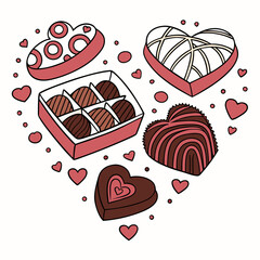 Assorted heart shaped chocolates and candies sweet