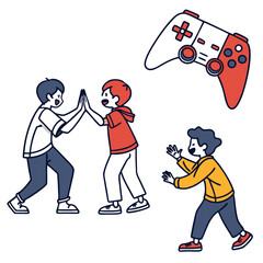 Boys high five and play video games controller playing