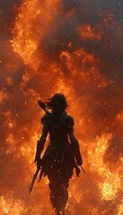 Lone figure walks away from fiery destruction, arms armed