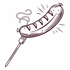 Sausage on fork with steam and sparks food cooking