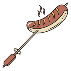 Brown sausage on stick with steam food cooking