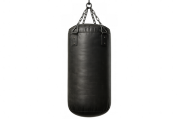 Leather punching bag hanging from metal chains, isolated on transparent background, ready for boxing training