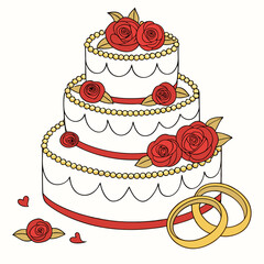 Wedding cake with roses and golden rings anniversary