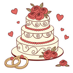 Wedding cake with roses and rings anniversary celebration