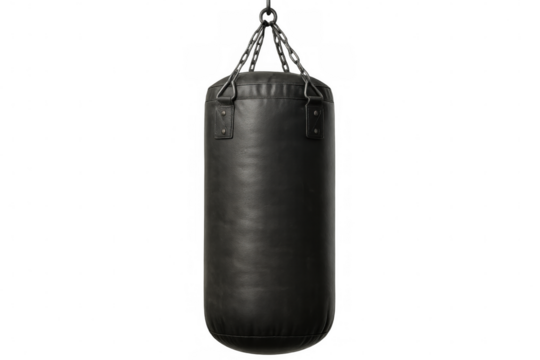 Leather punching bag hanging from metal chains, isolated on transparent background, ready for boxing training