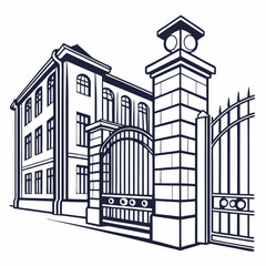 Old School Building With Ornate Gate entrance architecture