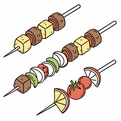 Skewers with meat mushrooms tofu vegetables and fruit