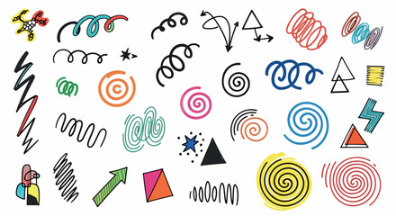 Vibrant Retro 90s Style Doodle Collection Abstract Swirls, Arrows, and Geometric Shapes