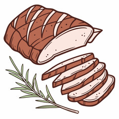 Sliced smoked brisket with rosemary sprig sliced meat