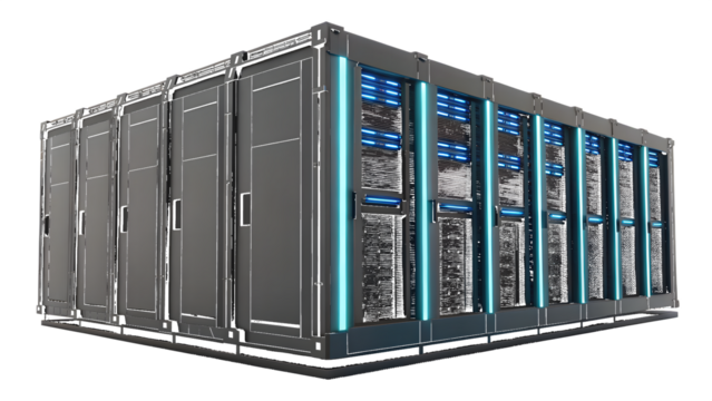 Futuristic server racks with blue lighting data center
