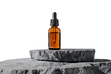 Amber Glass Dropper Bottle on Grey Stone Platform on a transparent background